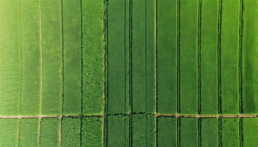 Aerial photograph showing distinct transition zones and buffer areas between organic and conventional farming areas