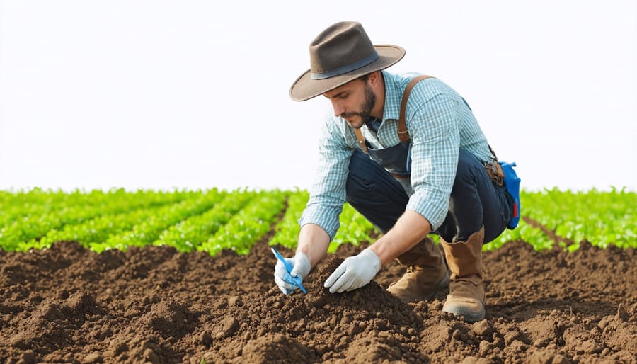 Organic farmer conducting soil testing in a transition zone with testing equipment and logbook