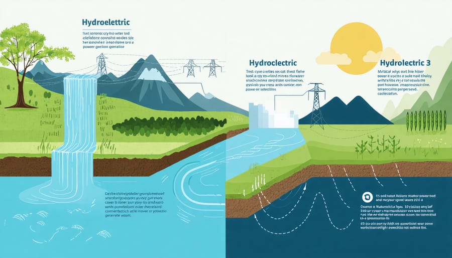 Visual representation of water cycle and hydroelectric power generation process