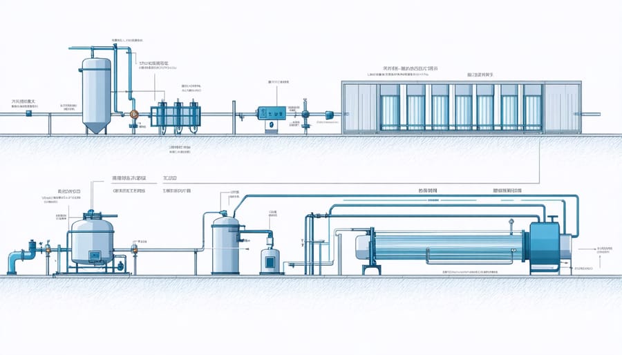 Technical illustration of water recovery system components including storage tanks, filters, and distribution network