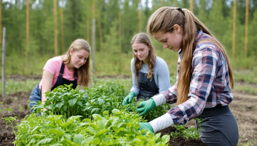 Group of diverse students learning tree management techniques in an outdoor classroom setting
