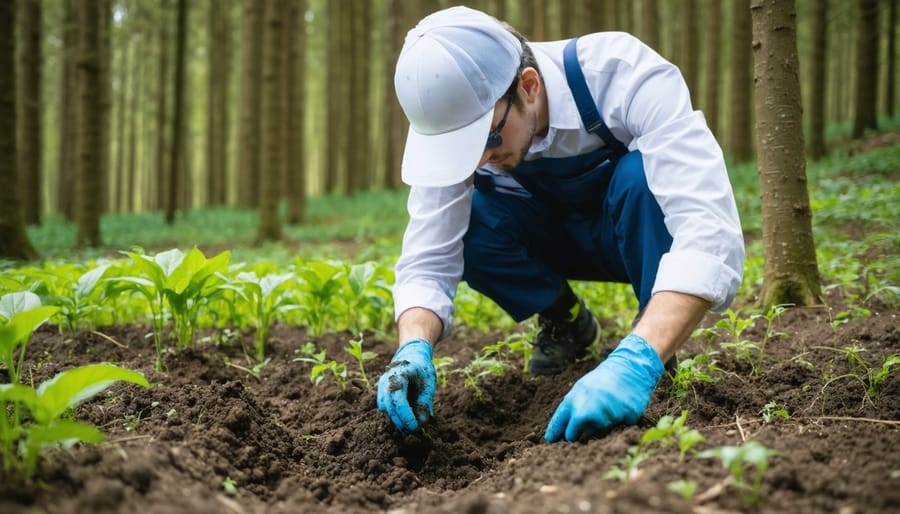 Agroforestry specialist using soil testing equipment between rows of trees and crops