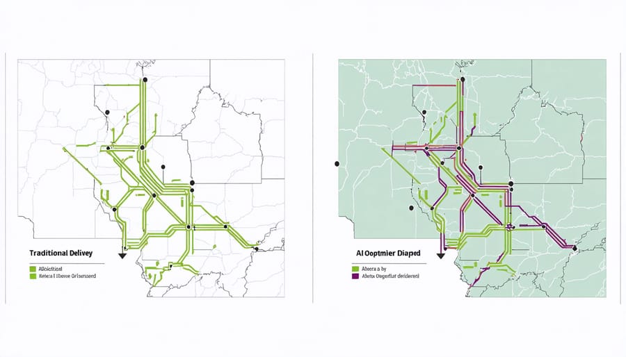 Comparison map showing traditional and AI-optimized agricultural delivery routes
