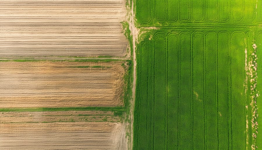 Drone photograph showing diverse pest management practices on a large grain farm