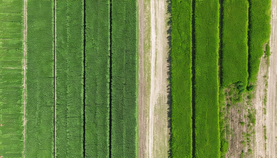 Split-screen aerial photograph comparing traditional irrigation with botanical water conservation methods