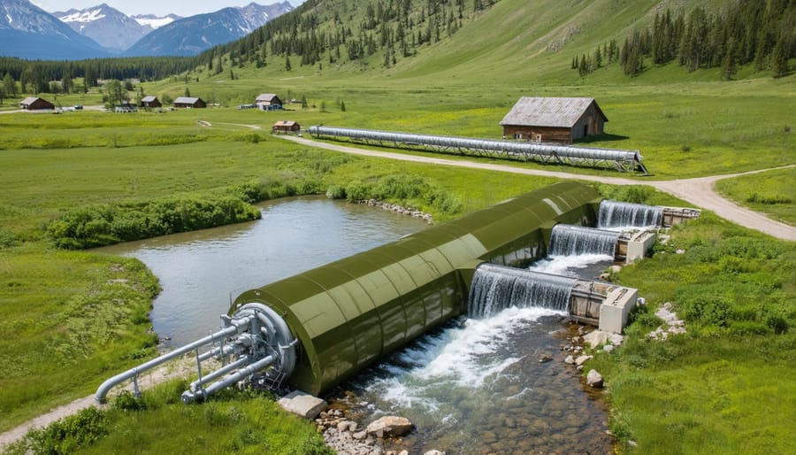 Small-scale hydroelectric system installed on a mountain farm with water flowing through turbines