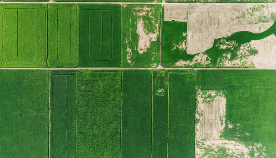 Bird's eye view of Alberta's agricultural landscape with visible rivers, streams, and farmland