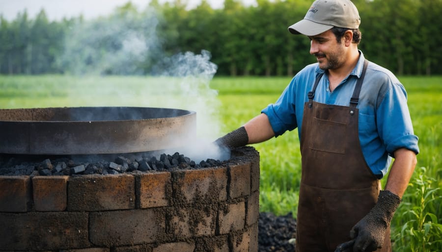 Agricultural worker monitoring a biochar production kiln with smoke visible