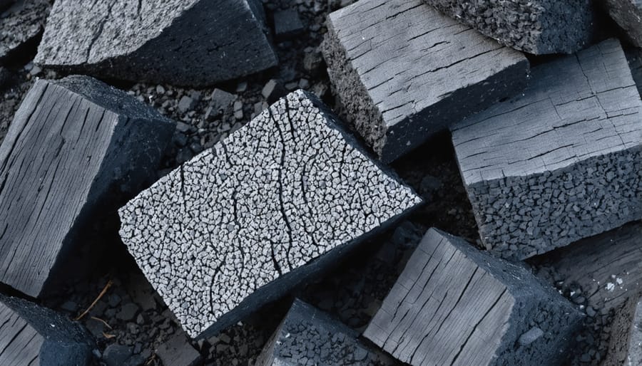 Magnified view of biochar particles revealing honeycomb-like porous structure
