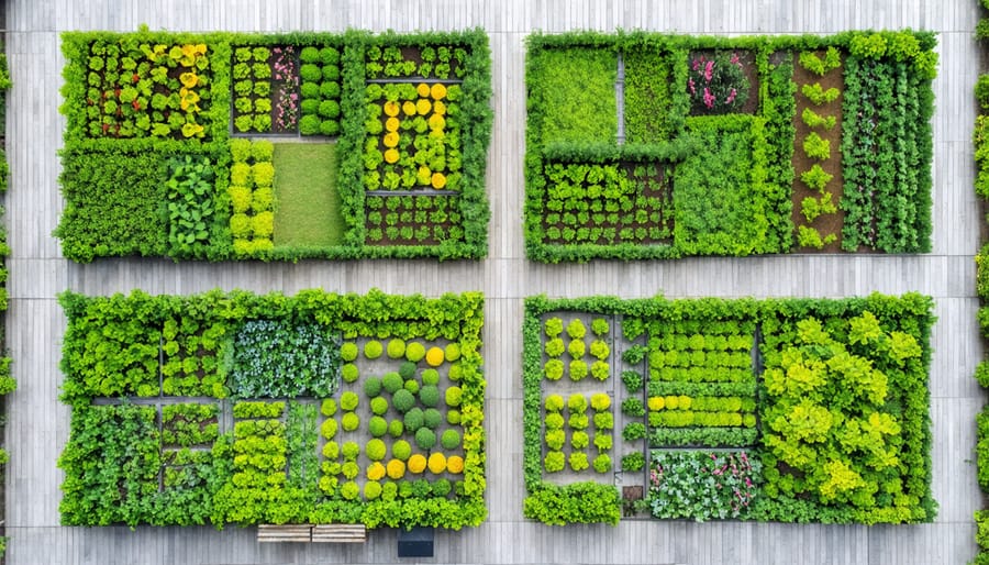 Birds-eye view of thriving urban community garden with multiple plots and gardeners working