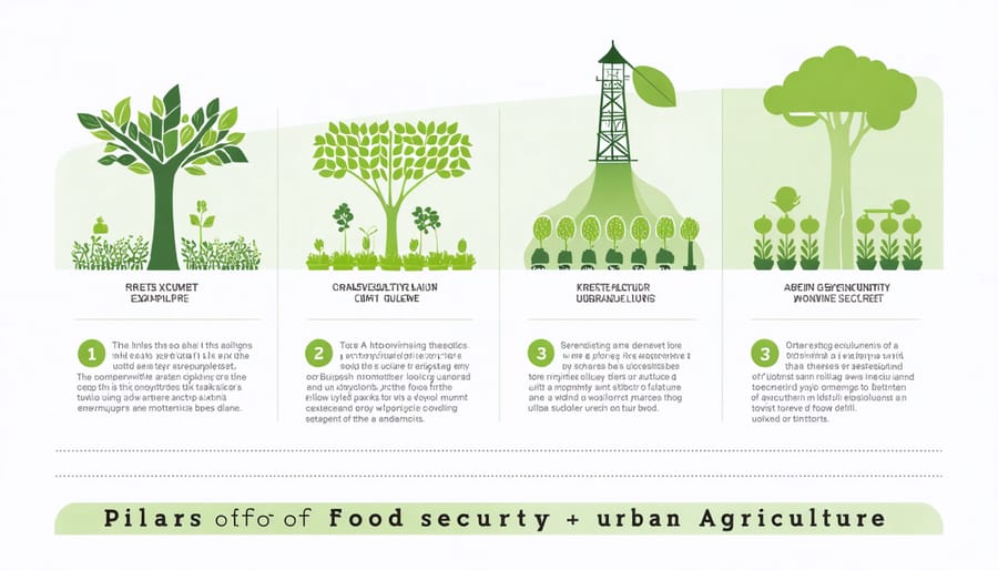 Visual diagram illustrating availability, access, utilization, and stability pillars of food security in urban farming context