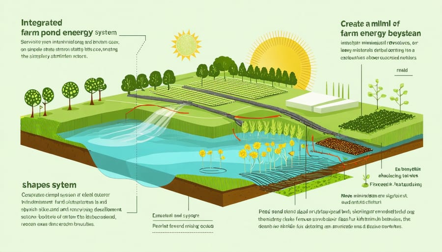 Technical illustration of pond system components including energy generation, irrigation, and ecosystem elements