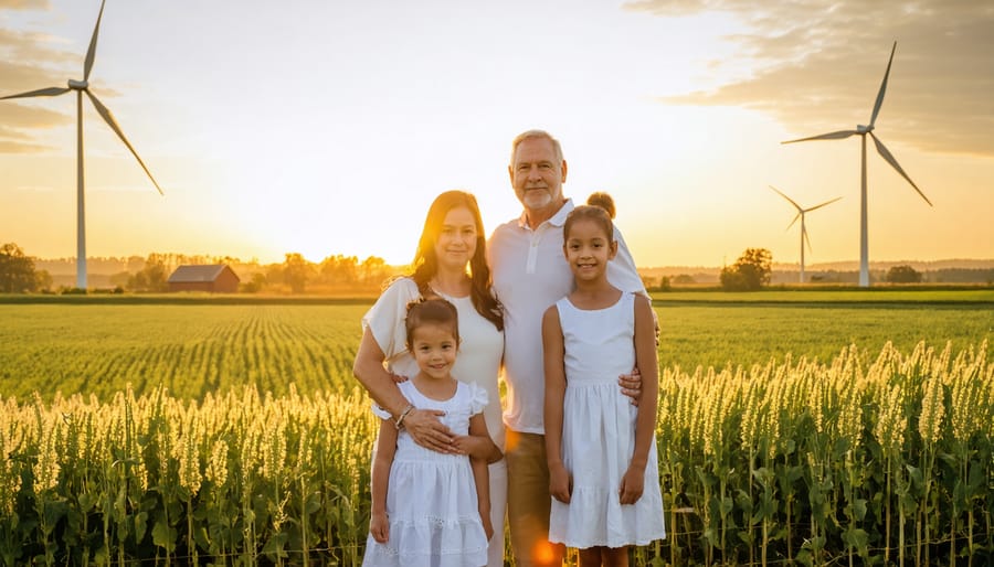 Alberta farming family posing with their wind turbines in the background during sunset