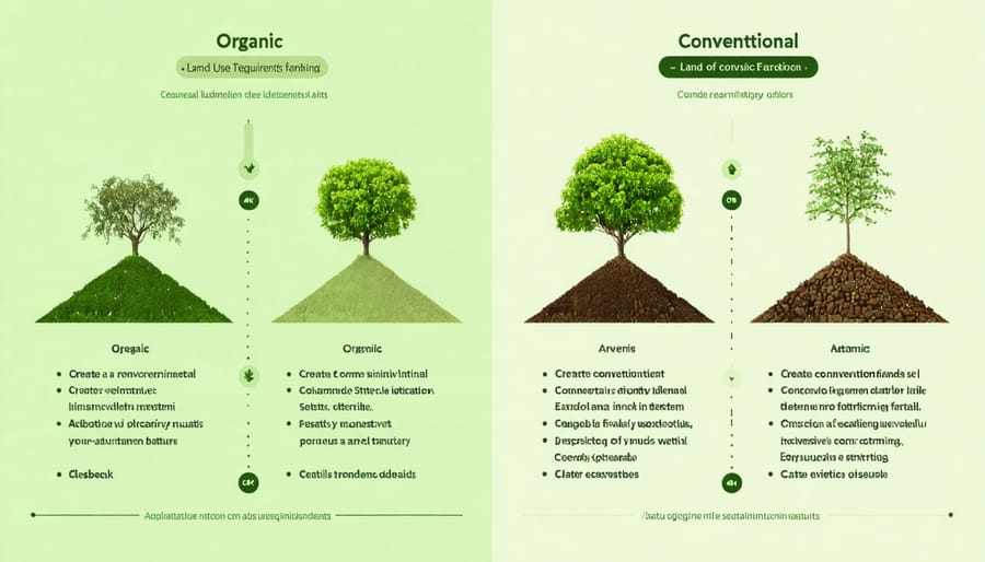 Visual diagram comparing land requirements for organic versus conventional farming to feed the same population