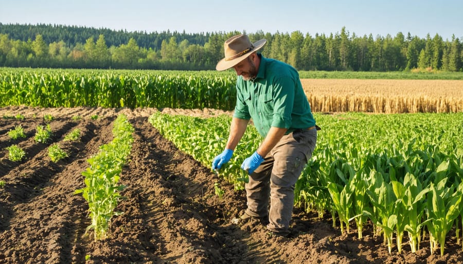 Farmer holding handful of healthy soil with visible organic matter and root systems