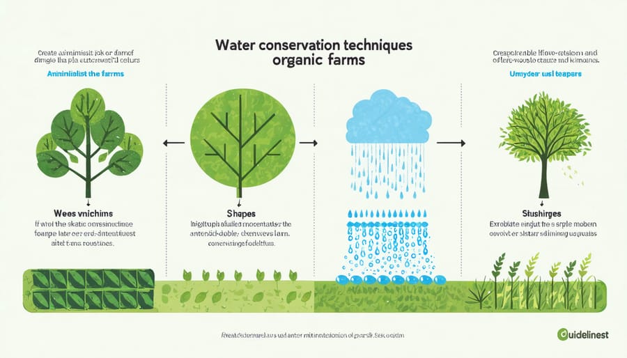 Illustrated diagram of water conservation methods including drip irrigation, cover cropping, and soil moisture monitoring