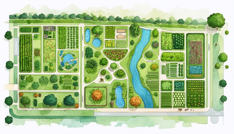 Birds-eye view of a permaculture farm demonstrating circular and interconnected design patterns