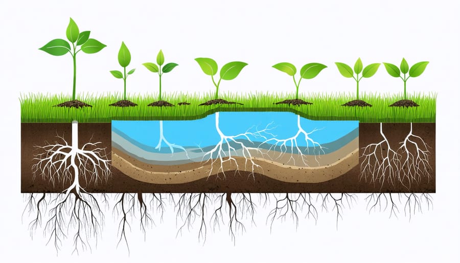 Detailed illustration of plant roots interacting with different soil layers for water retention