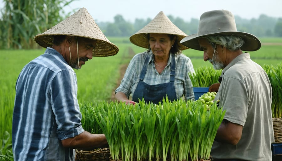 Group of diverse farmers engaged in discussion at an agricultural workshop