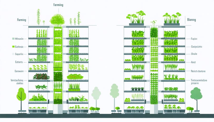 Illustrated guide showing different vertical farming methods and systems for limited urban spaces
