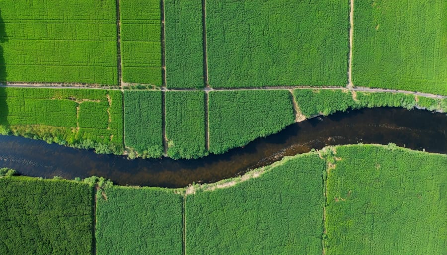 Bird's eye view of agricultural field with vegetated buffer strip protecting adjacent waterway