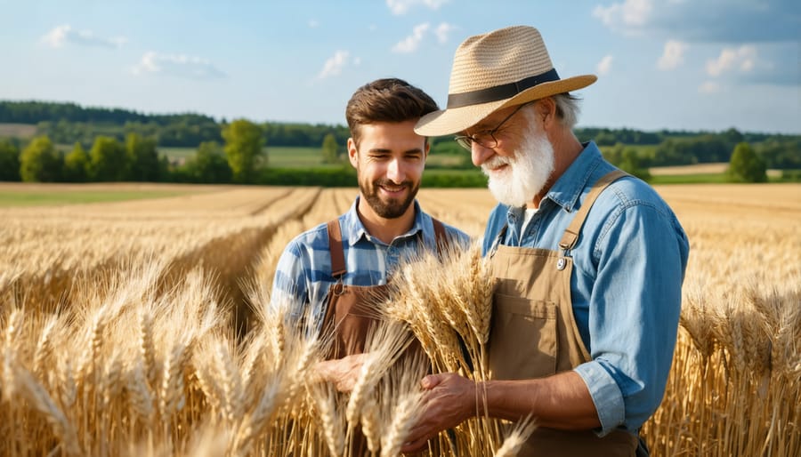 Experienced farmer showing wheat quality assessment techniques to young agricultural student in Alberta field