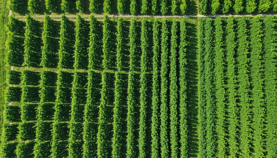 Bird's eye view of an agroforestry system showing alternating rows of trees and crops creating natural pest barriers