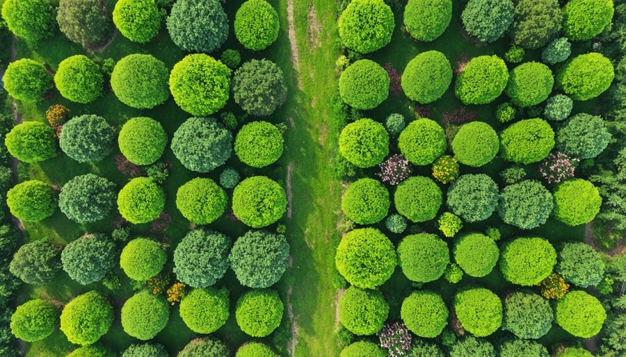 Drone photograph of farm layout incorporating tree rows and pollinator-friendly corridors