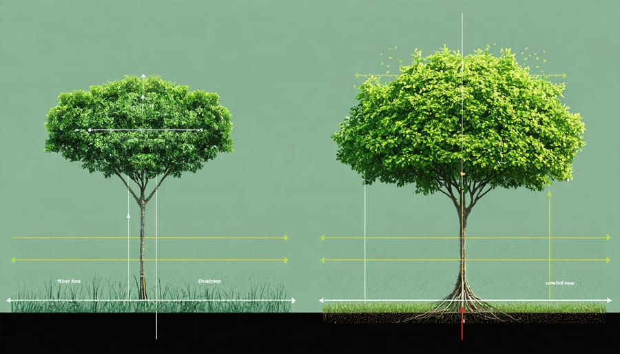 Technical illustration of recommended spacing between trees and crops for disease prevention