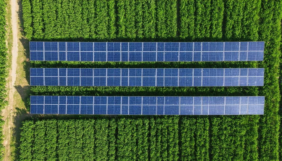 Solar panels installed between rows of crops on an Alberta farm, demonstrating dual-use farming