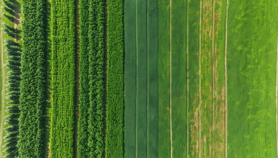 Birds-eye view of a diverse Alberta farm showing tree lines, crop fields, and pasture integration