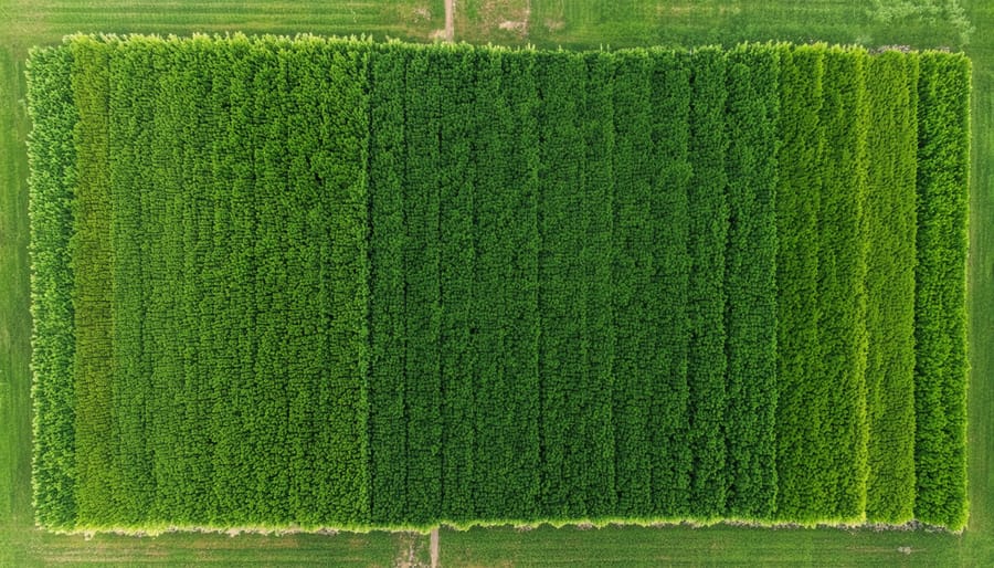 Drone view of Alberta farm implementing agroforestry with visible rows of trees integrated with crops
