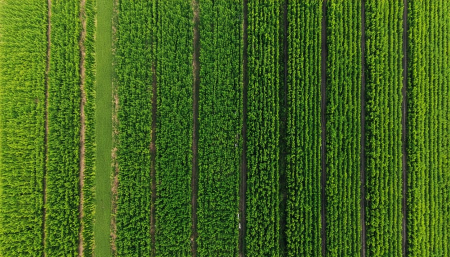 Bird's eye view of agricultural land showing integrated tree rows and crops in an agroforestry system