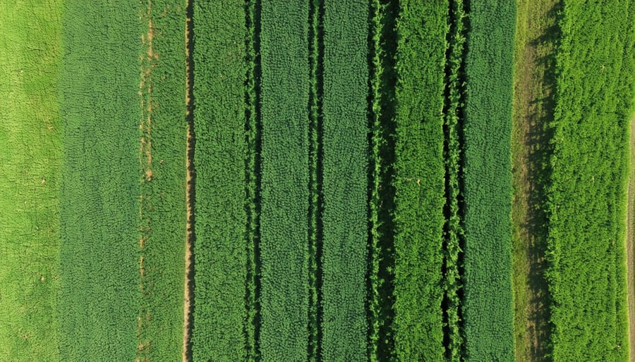 Aerial photograph of Alberta farmland showing striped pattern of cover crops and main crops