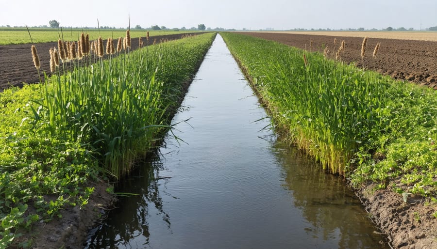 Healthy stand of cattails and bulrushes growing along the banks of an Alberta irrigation canal
