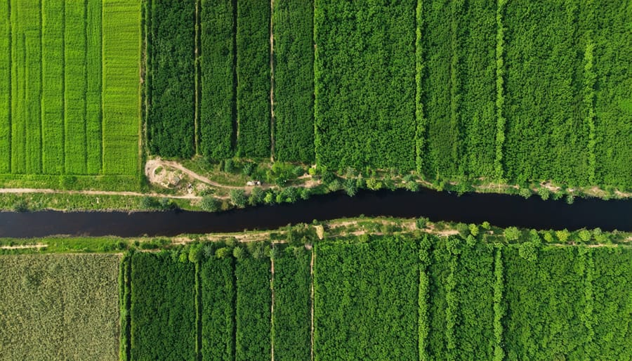 Bird's eye view of Alberta farmland with integrated forest patches and waterways