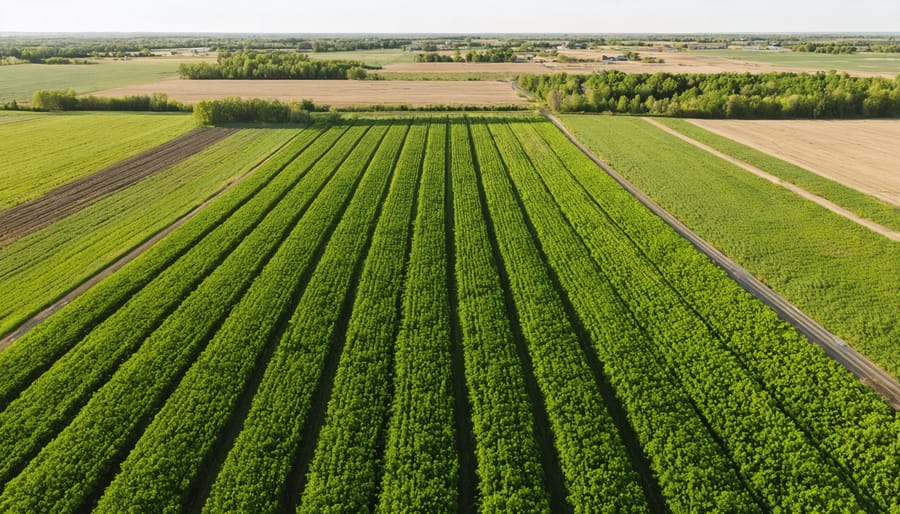Aerial view of tree windbreaks protecting agricultural fields in Alberta