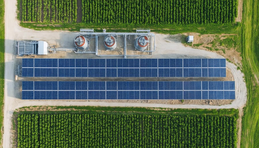 Aerial view of sustainable desalination system on an Alberta farm with solar panels
