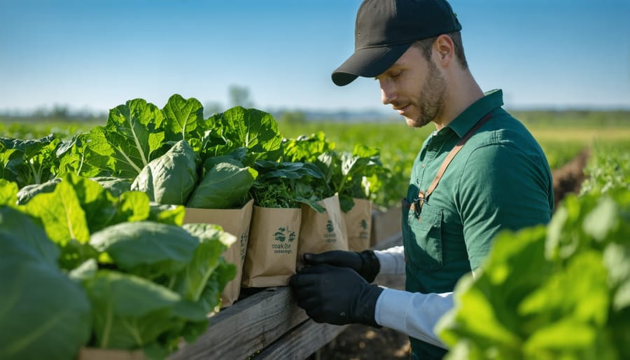 Local farmer demonstrating the use of biodegradable packaging materials in their agricultural facility