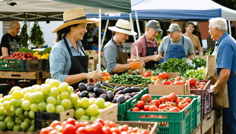 Local farmers interacting with customers at a bustling Alberta farmers' market