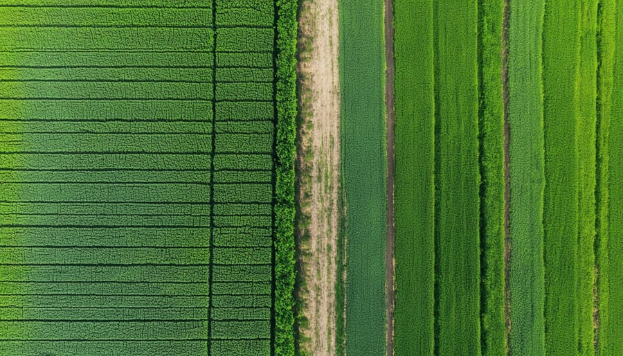Split aerial photograph comparing traditional tilled fields with no-till regenerative agriculture fields