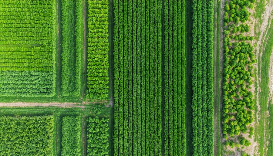 Bird's eye view of a mixed perennial farming operation with visible rows of fruit trees, forage crops, and natural windbreaks