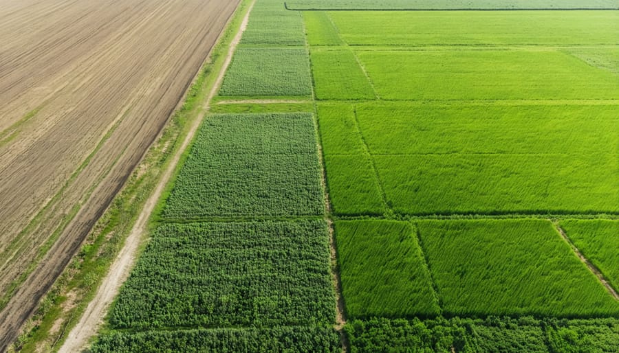 Drone view of restored prairie grassland adjacent to cultivated fields showing distinct landscape patterns