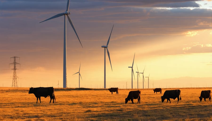Small-scale wind turbines operating on a rural Alberta farm with grazing livestock