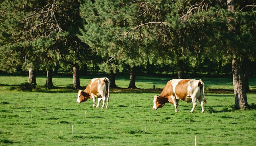 Cattle grazing among trees in an established silvopasture system