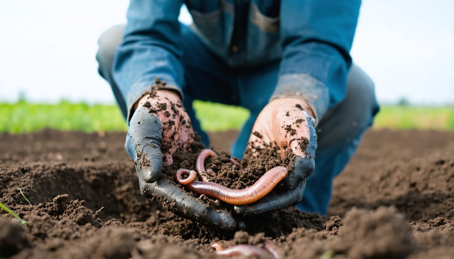 Farmer holding handful of healthy soil showing biological activity