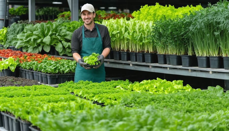 Alberta urban farmer standing in flourishing indoor vertical growing system
