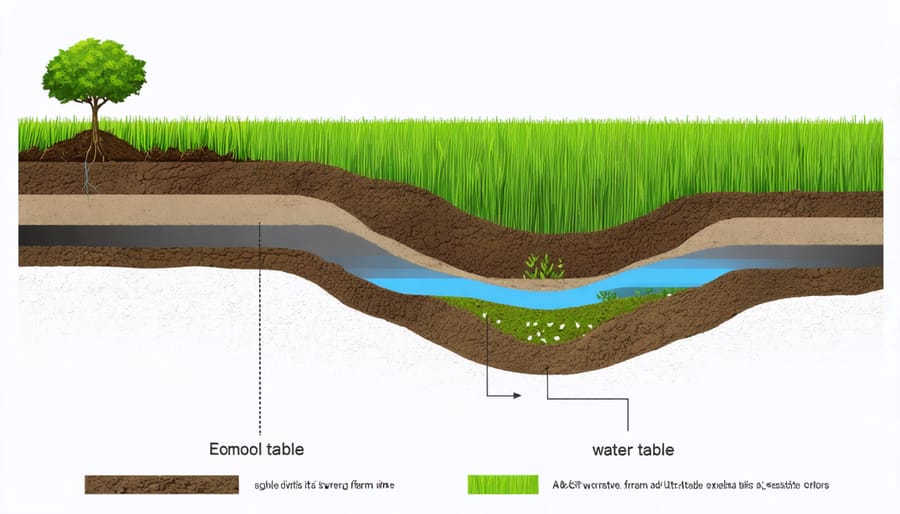 Illustrated cross-section of farm soil layers and groundwater aquifer