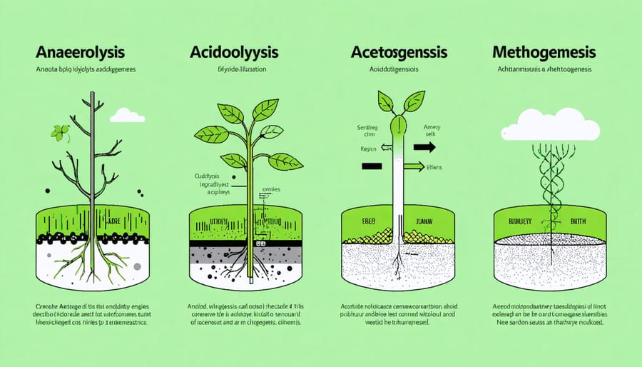 Step-by-step diagram of anaerobic digestion biological process with labeled stages