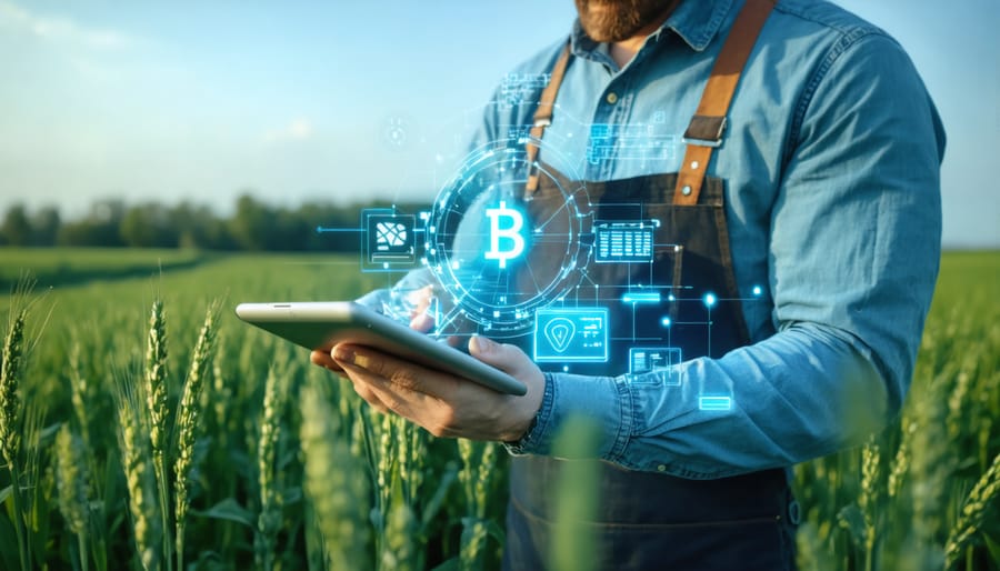 Agricultural professional analyzing blockchain-based supply chain data on a digital tablet while standing in a wheat field
